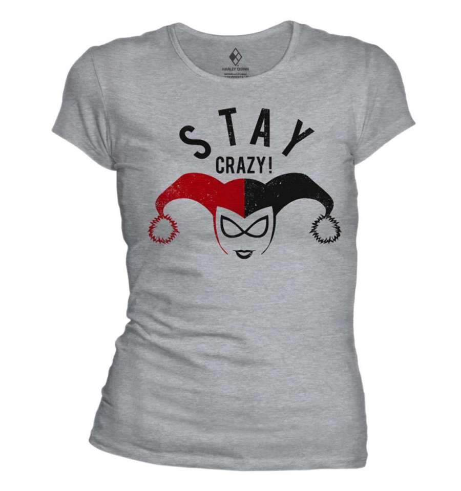 T-Shirt Harley Quinn - Femme - DC Comics - Stay Crazy - S, Gris chiné